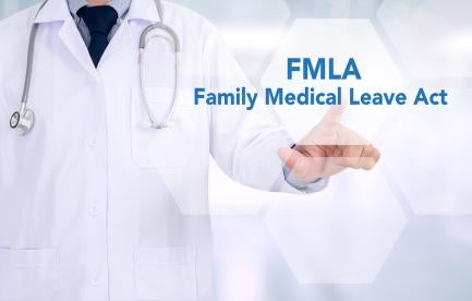 Doctor in a lab coat and stethoscope clicking on a futuristic screen saying FMLA Family Medical Leave Act
