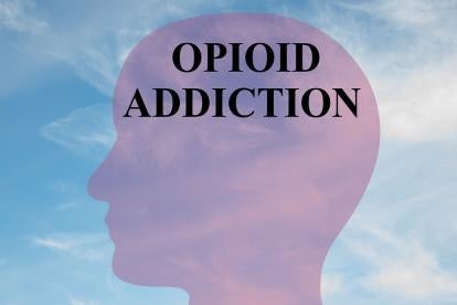 graphic with opioid addiction in large text occupying human head 
