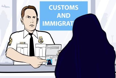muslim woman at airport, travel ban