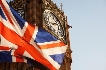 Union Jack outside of Parliament in the UK in session on infrastructure