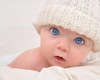 baby, hat, blue eyes, white sheets