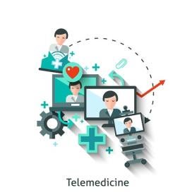 telemedicine icons with laptops and hospital choice tools