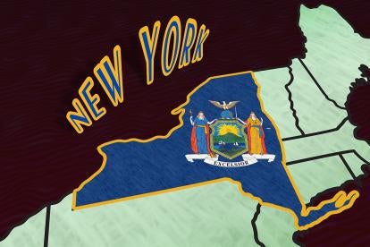 New York state map and flag