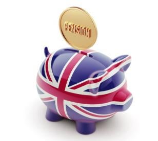 UK flag covered Piggy Bank with Pension coin being deposited
