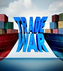 graphics showing two cargo ships headed towards each other buffered by text stating TRADE WAR