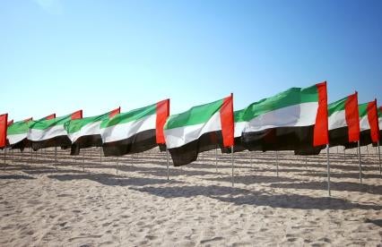 united arab emirates flags on beach in boycott
