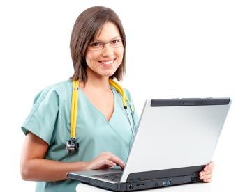 laptop, scrubs, stethoscope, woman, doctor, health