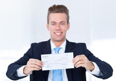 man holding paycheck, day rate, job pay