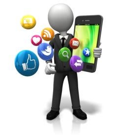 business figure, social media icons on phone