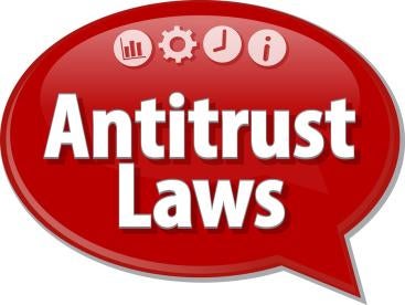 Red Anti Trust Laws Speech bubble with analytics, gears, time, info icons reflected 