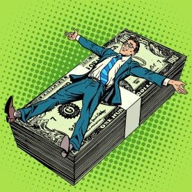 comic book style graphic showing executive in suit laying on a stack of dollars