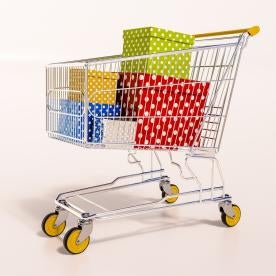 retail shopping cart with colorful gift boxes