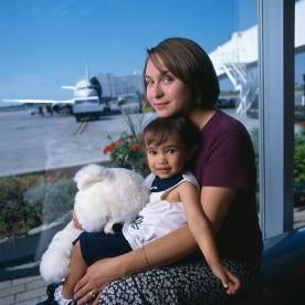 mom, child, airport, airplane, teddy bear