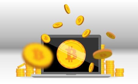laptop, coins, bitcoin