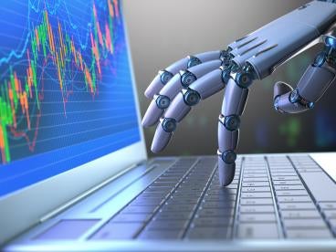 a fintech robot hand retrieving data using a laptop illustrating artificial intelligence