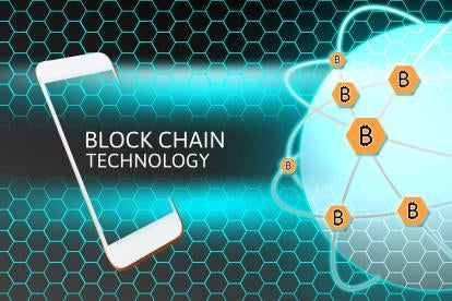 Graphic depicting smartphone emitting the words blockchain technology against a globe with interconnected bitcoin tokens