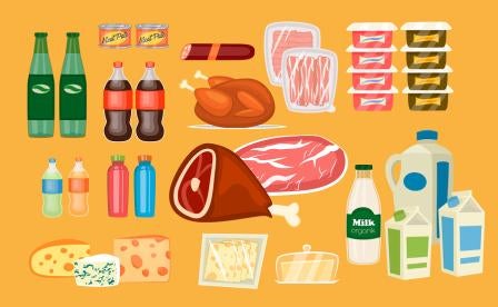various foods, meats, cheeses, dairy, yogurt, soda pop