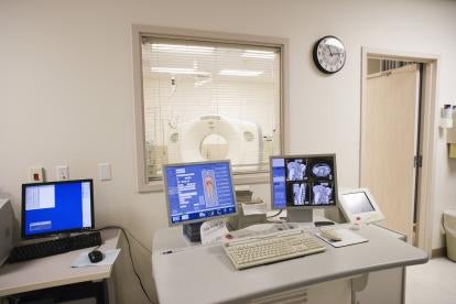 hospital radiology and X ray equipment viewed from the control room