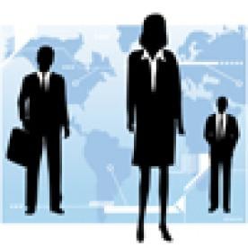 Woman, Two Men, Business Suits in front of World Map