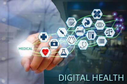A futuristic Digital Health graphic depicting a professional releasing futuristic health-related features when clicking Health