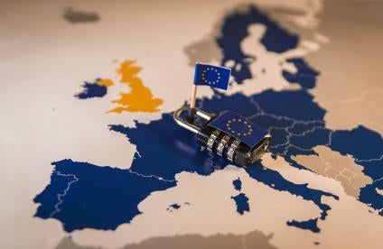 Map of European Union EU with padlock signifying privacy laws