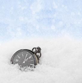 analogue pocket watch in snow, frozen plan relief