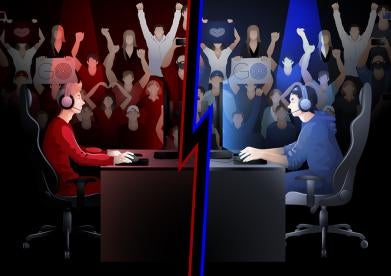 exciting comic style egaming contest scene with fans cheering a red versus blue player 