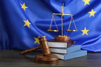EU European Union Law with Gavel Books Flag Scale