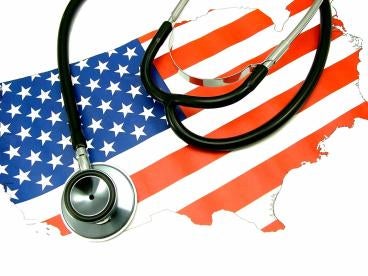 US Healthcare represented by US Flag in the shape of a Map with Stethoscope