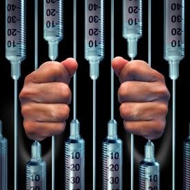 medical illustrated by man behind "bars" of syringes