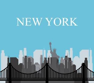 Modern Gray, Black, White New York City Skyline against a blue sky background