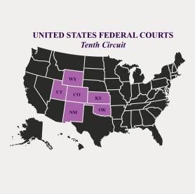 Map showing US Fed Court Tenth Circuit Wyoming Utah Colorado New Mexico Kansas Oklahoma