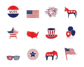Voting icons, U.S. flag theme, political party symbols, elections