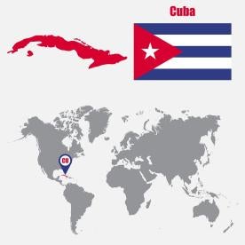 Cuban Flag and location indicator showing location in World Map