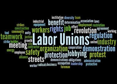 labor union terms such as workers rights, benefits, protection, lobbying, protest, regulations, cooperation, safety, protective and more on a black background 
