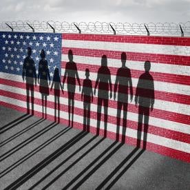 immigrants against flag wall, uscis, oath, naturalization