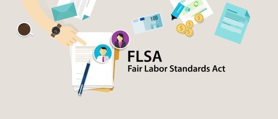 FLSA Fair Labor Standards Act Graphic with contracts, currency, white collar male and female employees 