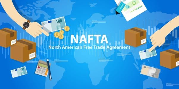 NAFTA, map, boxes, money, calculator